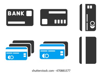 Credit Cards vector icons. Pictogram style is bicolor blue and gray flat icons with rounded angles on a white background.