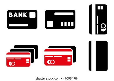 Credit Cards vector icons. Pictogram style is bicolor intensive red and black flat icons with rounded angles on a white background.