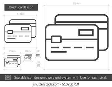 Icono de línea vectorial de tarjetas de crédito aislado en fondo blanco. Icono de línea de tarjetas de crédito para infografía, sitio web o aplicación. Icono escalable diseñado en un sistema de cuadrícula.