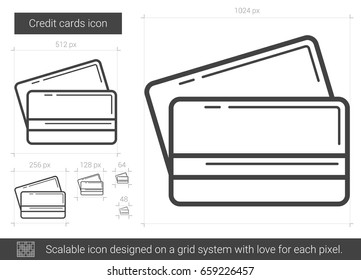 Credit cards vector line icon isolated on white background. Credit cards line icon for infographic, website or app. Scalable icon designed on a grid system.
