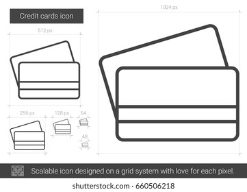 Credit cards vector line icon isolated on white background. Credit cards line icon for infographic, website or app. Scalable icon designed on a grid system.