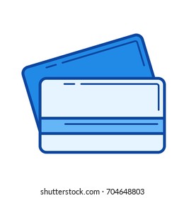 Icono de línea vectorial de tarjetas de crédito aislado en fondo blanco. Icono de línea de tarjetas de crédito para infografía, sitio web o aplicación. Icono azul diseñado en un sistema de cuadrícula.