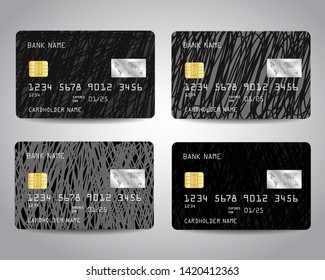 Credit cards vector set with black scratched abstract design background. Vector illustration EPS10