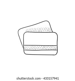 Icono de esbozo vectorial de tarjetas de crédito aislado en segundo plano. Icono de tarjetas de crédito dibujadas a mano. Icono de esbozo de tarjetas de crédito para infografía, sitio web o aplicación.
