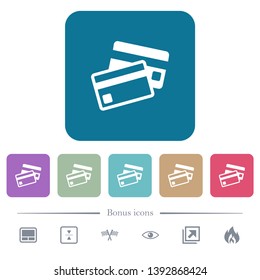 Credit cards white flat icons on color rounded square backgrounds. 6 bonus icons included