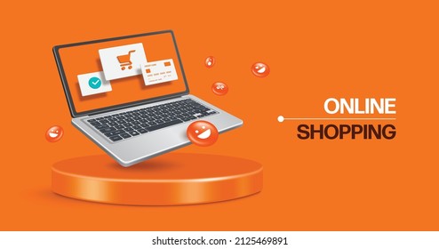 Credit card,shopping cart icon and order confirmation icon on computer laptop screen and all floated on round podium,vector 3d isolated on orange background for online shopping advertising design