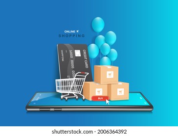 credit card,shopping cart,parcel boxs,and balloons on smartphone for delivery and shopping online concept design,vector 3d on blue background for advertising design,shopping on application smartphone