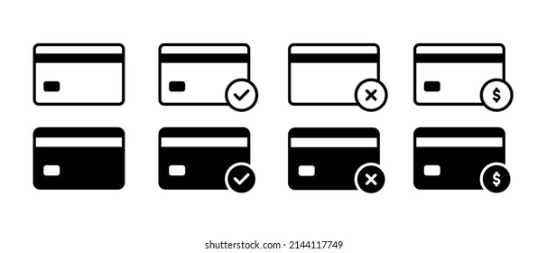 Juego de iconos vectoriales de carrito de crédito. Símbolo y símbolo aislado del contorno y del carro de banco negro