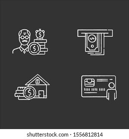 Credit chalk icons set. Borrowing from Retirement. Pension budget ivestment. Real estate. Home equity loan. Cash withdrawal from ATM. Personal credit card. Isolated vector chalkboard illustrations
