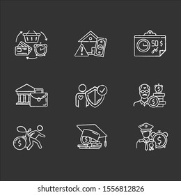 Credit chalk icons set. Borrowing from retirement. Student loan debt. Paying for university. Trading, retail. Revolving credit. Heavy credit card risk. Isolated vector chalkboard illustrations