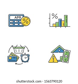 Credit color icons set. Annual percentage rate calculator. Income increase, budget growth infographoc. Trading, retail. Revolving credit. House mortrage risk. Isolated vector illustrations