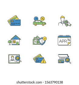 Credit Color Icons Set. Annual Percentage Rate Report. Plastic Credit Card. Insurance Program. Home, Car Loan. Personal Creditworthiness. Borrow Cash, Money. Isolated Vector Illustrations