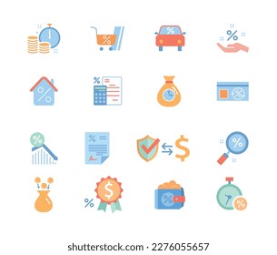 Credit color icons set. Collection of graphic elements for website. Financial literacy, rent and mortgage, percent and interest. Cartoon flat vector illustrations isolated on white background