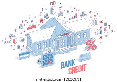 Credit concept, bank building with calculator and percent symbol isolated on white background, banking theme. 3d vector business isometric illustration with icons, stats charts and design elements.