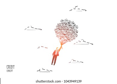 Credit concept. Hand drawn person fly with a lot of money. Opportunities through credit isolated vector illustration.