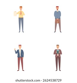 Os ícones do conceito de crédito definem o vetor do desenho animado. Personagem de prestamista masculino bem-sucedido. Negócios e finanças
