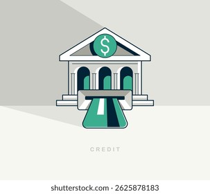 Cartaz conceito de crédito, construção de bancos com ilustração de ícone de vetor de cartão de crédito, metáfora de empréstimo de cartão de plástico bancário, transferência de e-banking.