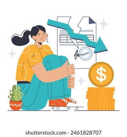 Credit Crisis concept. Distressed woman with financial default notice and downward trend. Bankruptcy, economic failure. Flat vector illustration