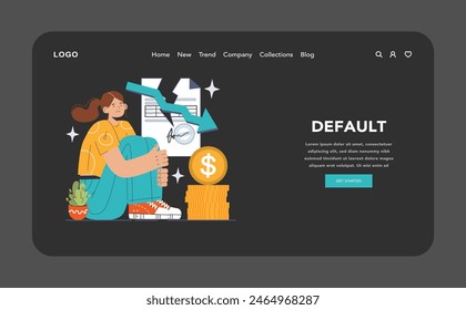 Credit Crisis concept. Distressed woman with financial default notice and downward trend. Bankruptcy, economic failure. Flat vector illustration