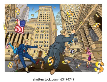 Credit Crunch - USA
Vector illustration of business people rushing to save US dollars on Wall Street, as they float away. Fully editable layers included.
