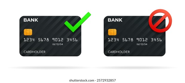 Credit or debit bank card with check mark and prohibition sign, vector illustration. Opening or closing a bank account.  
