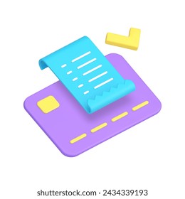 Credit debit card approved payment financial transaction with receipt invoice 3d icon realistic vector illustration. Shopping paying success e money transfer buying goods electronic currency checkout