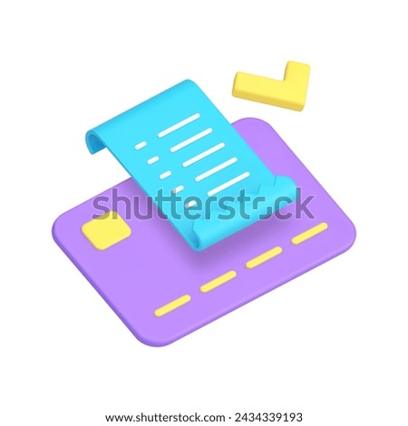 Credit debit card approved payment financial transaction with receipt invoice 3d icon realistic vector illustration. Shopping paying success e money transfer buying goods electronic currency checkout