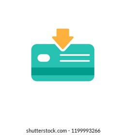 Credit Debit Card with arrow. Bank account sign. Vector flat blue  icon isolated on white. Money transfer. Payment sign. receive, income, salary.