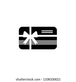Credit debit card with bow and ribbon. Gift card icon. Bank present sign. Vector flat icon isolated on white.