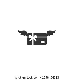 Credit debit card with bow, ribbon and wings. Gift card icon. Bank present sign. Vector flat icon isolated on white.