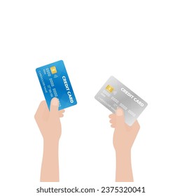 Credit or Debit Card. Businessman's Hand Holding Credit or Debit Card. Hand Showing Credit Card. Vector Illustration Isolated on White Background. 
