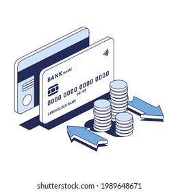 Credit debit card, coins arrows. Vector 3d line isometric, color web icons, new flat style. Creative design idea for infographics.