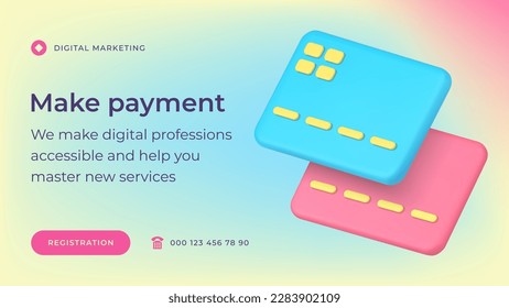 Credit debit card digital payment financial transaction banking business application social media banner 3d icon vector illustration. Commercial purchase e currency transfer electronic technology app