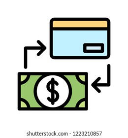 Credit or debit card and dollar bill.atm cash flat icon editable outline in banking and finance 