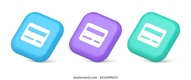 Credit debit card e money payment button digital financial banking account 3d realistic blue purple and green icons. Financial payment electronic web application online shopping internet