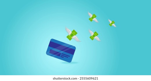 credit or debit card with flying money notes away as using cards will increase your debts or expenses concept banner background 