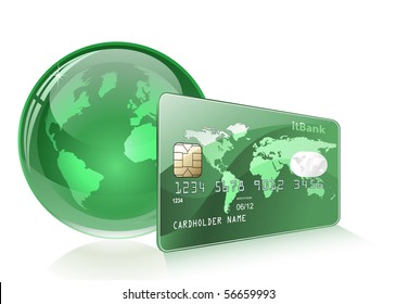 Kredit- oder Debitkarte und Globe. Globales Zahlungskonzept.