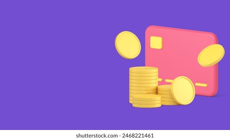 Credit debit card golden coin cash money stack financial investment banking account 3d icon realistic vector illustration. Business currency commercial transaction deposit wealth salary bank service