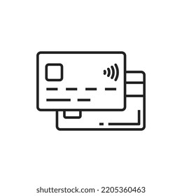 Icono de esquema aislado de tarjeta de crédito o débito. Tarjeta financiera de pago de dinero bancario vectorial, transacción de divisas, pago sin contacto, tarjeta maestra prepagada. Símbolo de compra en línea de Ecommerce, identidad personal