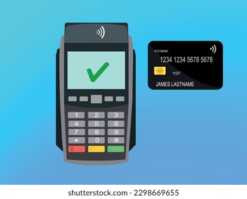 Credit and debit card machine with credit card in vector, perfect for representing electronic payments and card purchases. High-quality illustration for your business.