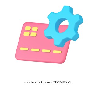 Credit debit card payment banking financial transaction process commercial purchase 3d icon vector illustration. Shopping e money paying business customer identity check safety control cog mechanism