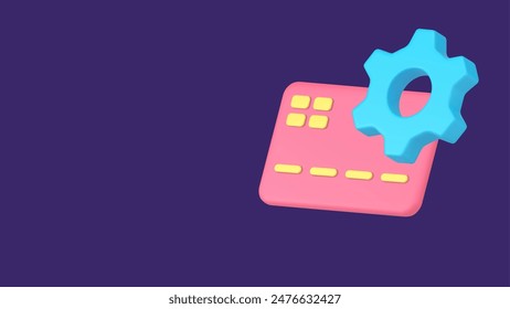 Credit debit card payment banking financial transaction process commercial purchase 3d icon vector illustration. Shopping e money paying business customer identity check safety control cog mechanism