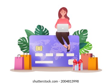 Credit or debit card payment business concept. Vector flat illustration of woman using laptop sitting on top of a credit card. Online shopping concept.