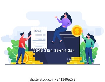 Credit or debit card payment flat illustration, Tiny people with credit card and payment receipt, Online shopping concept, Digital transaction, Online payment, Secure mobile bank payments