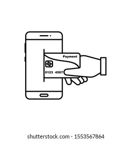 Credit or debit card payment method, money transfer illustration with holding hand and smartphone icon.