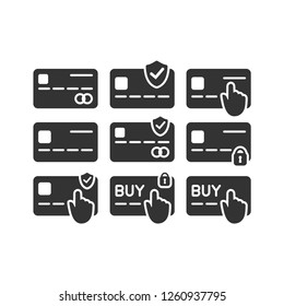 Credit and debit card payment with shield, padlock and pointer finger hand vector icon set. Black glyph credit and debit card secure and safe payment icons.