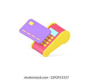 Credit debit card POS terminal machine contactless payment e money banking transaction 3d icon realistic vector illustration. Shopping purchase digital paying electronic financial commercial device