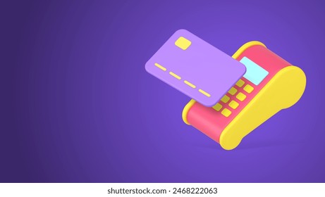 Credit debit card POS terminal machine contactless payment e money banking transaction 3d icon realistic vector illustration. Shopping purchase digital paying electronic financial commercial device