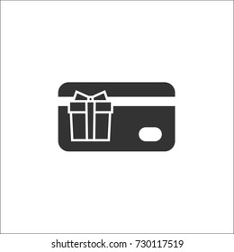 Credit debit card with present box. Gift card icon. Bank present sign. Vector flat icon isolated on white.