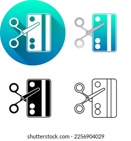 Credit Debit Card Scissors Cut Asset Finance Icon, Set von flachen diagonalen Schatten, Schwarzweiß Silhouette, Line Art Logo Symbol einzeln auf weißem Hintergrund Financial, Bank, Business